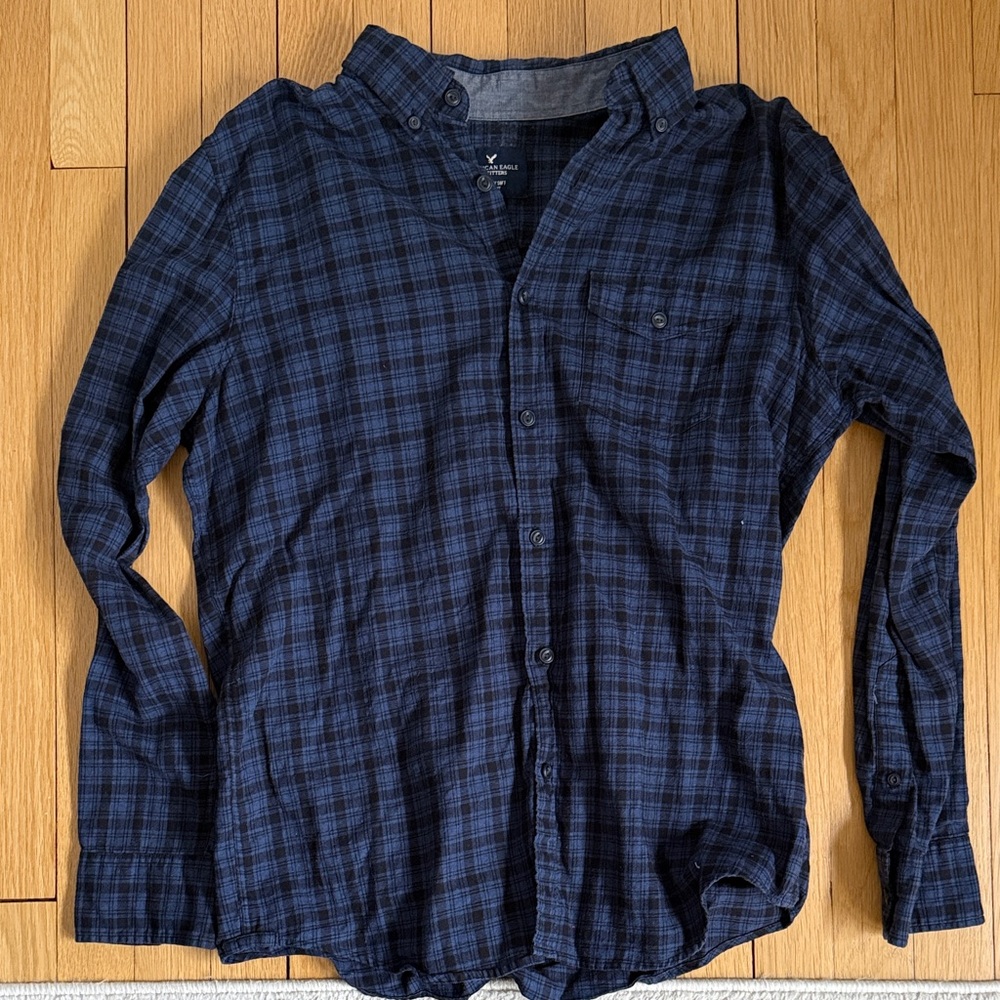 American Eagle Outfitters Navy Checkered Button Down Shirt